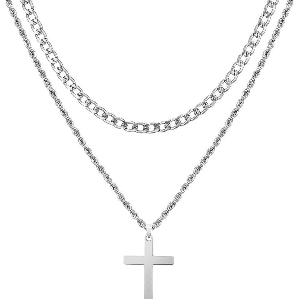 Waterproof Layered Cross Necklace with Chains stainless steel
